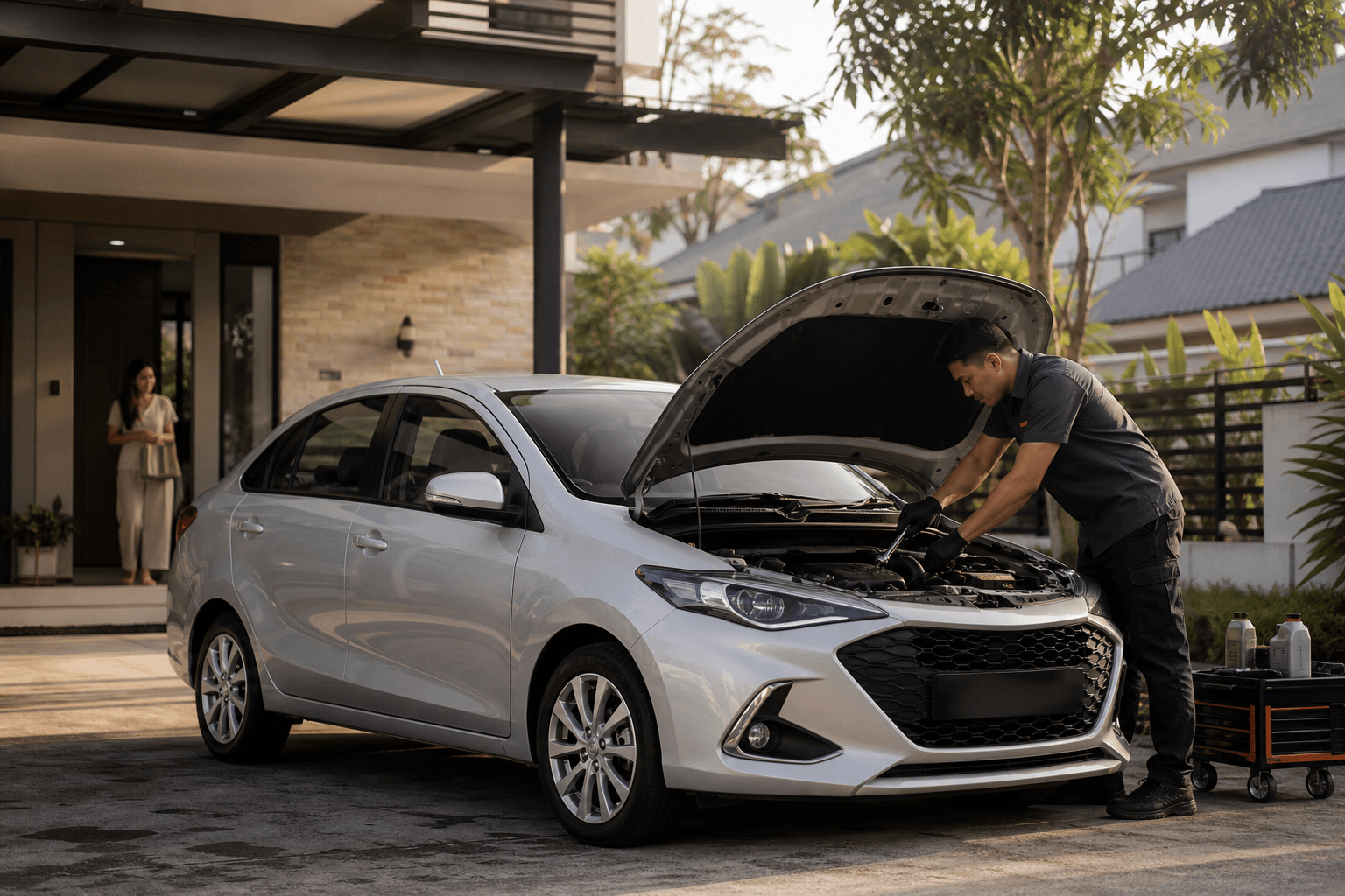 Mobile mechanic membantu sebuah kereta di lokasi pelanggan