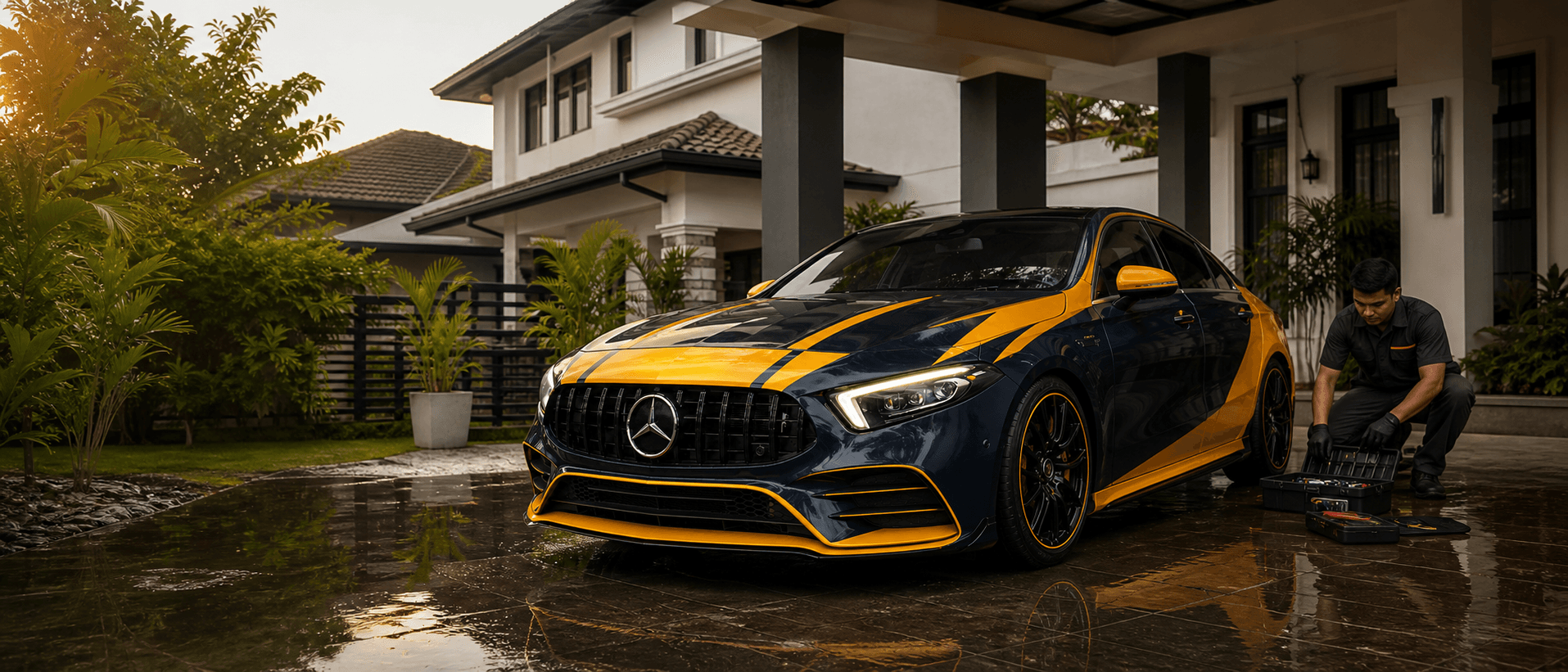 Kereta MEKGO berwarna hitam dan kuning bersama mekanik mudah alih di halaman rumah Malaysia