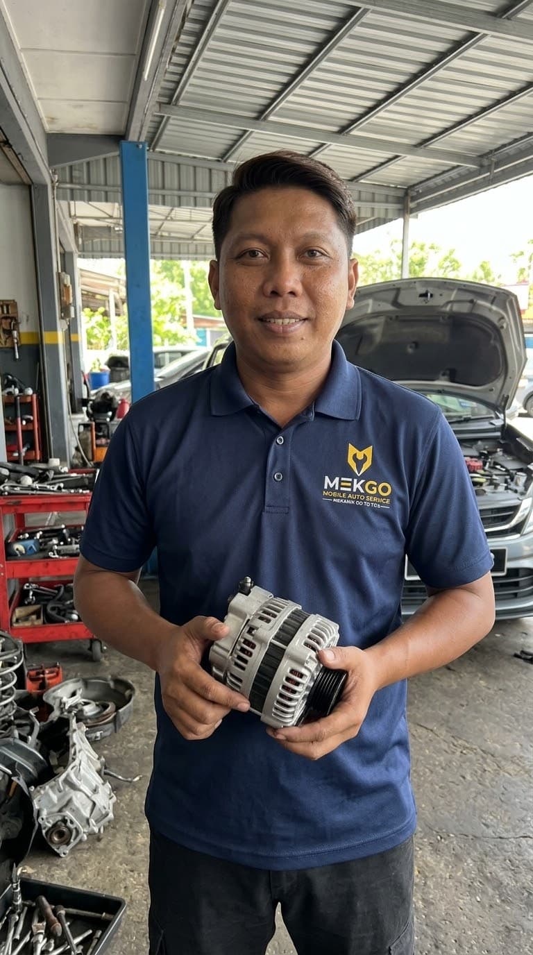 Khai, a MEKGO mechanic, holding an alternator in the workshop